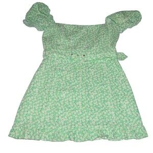 ZARA Linen Blend Mini Dress Green Floral Ruffle Trim belted Sz M sun summer